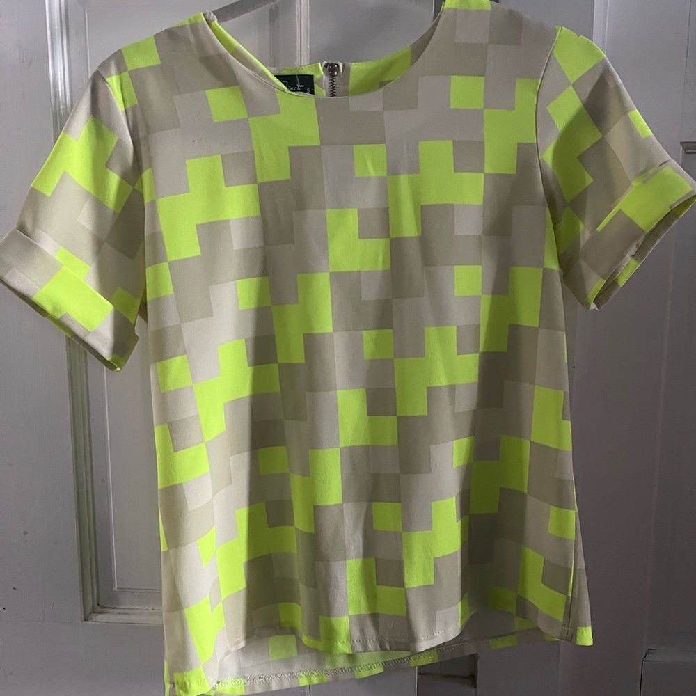 Neon Green and beige block shirt. Size s. True size small.